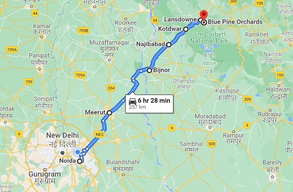 Noida to Lansdowne Route Map