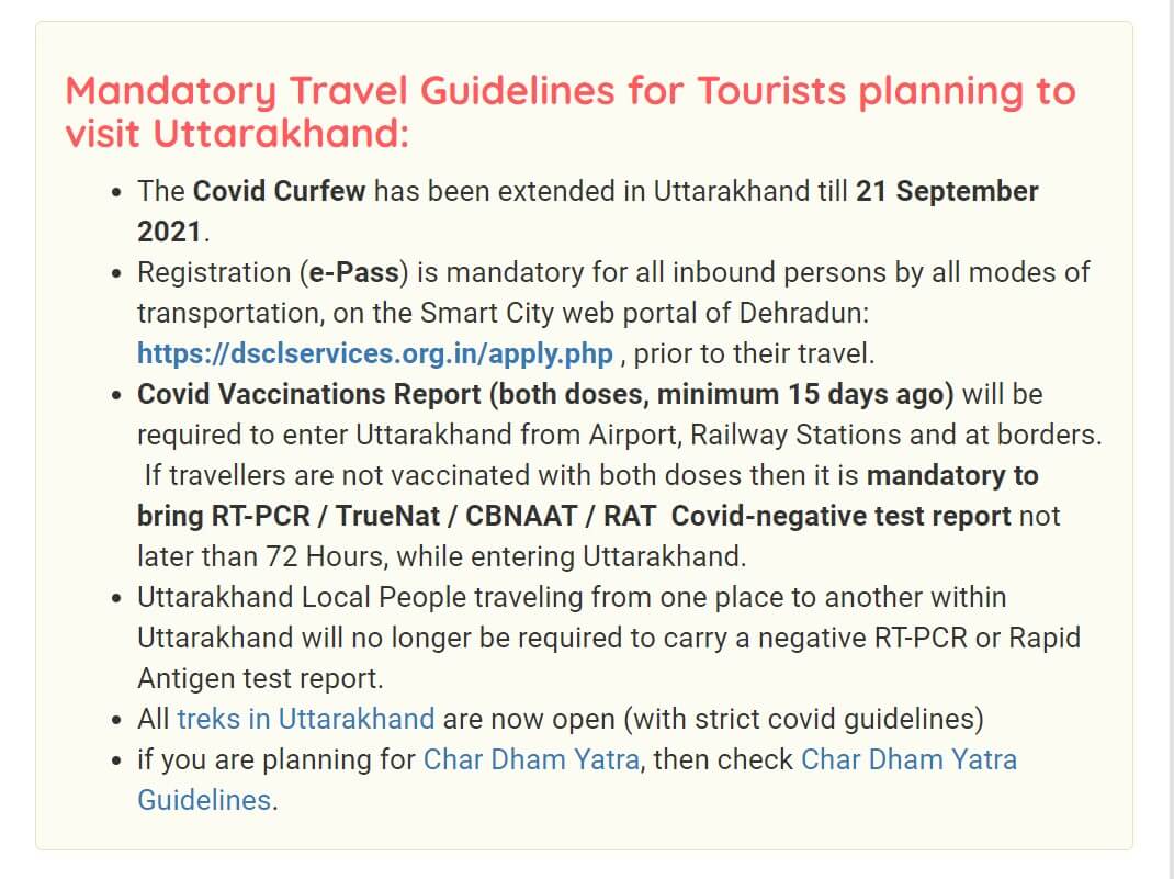Travel Guidelines for tourists planning to visit Uttarakhand
